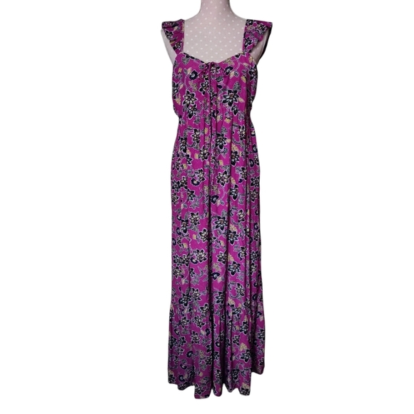 LOFT Hibiscus Midi Dress 8 Purple Ruffle Halter Floral Sleeveless NWOT - Picture 1 of 10